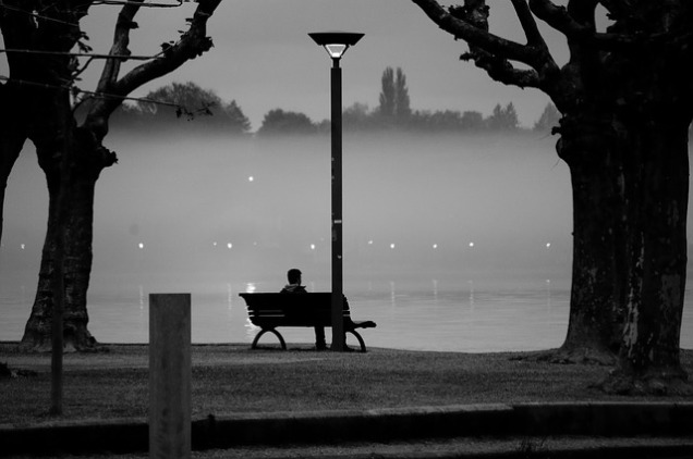es wird zeit, evening, abend, abendstimmung, lichter, nebel, fog, parkbank, alleinsein, einsamkeit, sitzen am flussufer, bäume, herbst, melancholie,